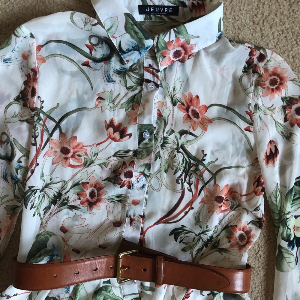 Semi-sheer green/coral maxi button down dress. Very feminine!